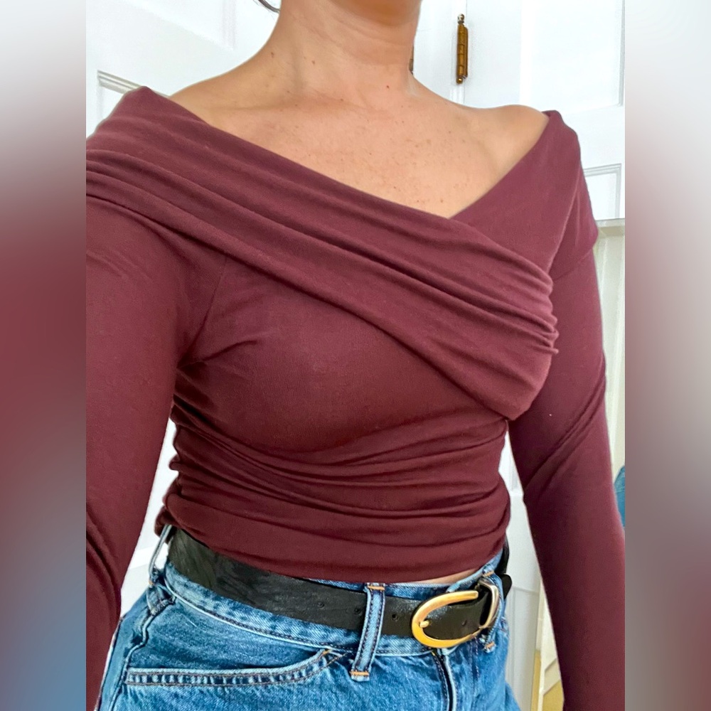 Theory off the Shoulder eggplant top